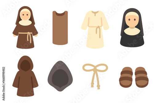 Colorful Religious Robes. Flat vector mini-illustrations Religious robes in colors children's illustrations: habit, scapular,