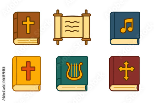 Colorful Religious Manuscripts. Flat vector mini-illustrations Religious manuscripts in colors children's illustrations: ancient