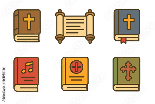 Colorful Religious Manuscripts. Flat vector mini-illustrations Religious manuscripts in colors children's illustrations: ancient