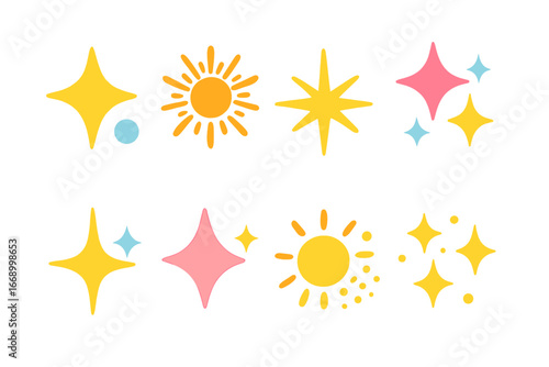 Colorful Sparkle Icons. Flat vector mini-illustrations shiny bling effects in colors children's illustrations: star sparkle,