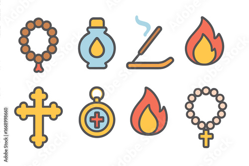Colorful Spiritual Icons. Flat vector mini-illustrations Spiritual relics in colors children's illustrations: prayer beads, holy