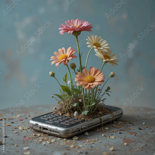 Realistic mobile phone with vibrant wildflowers growing from it on a calm minimalist background, perfect for creative, eco, and tech concepts