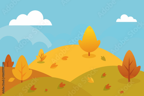 A cartoon autumn hillside with golden leaves vector illustration