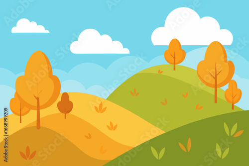A beautiful cartoon autumn hillside covered in golden leaves vector illustration
