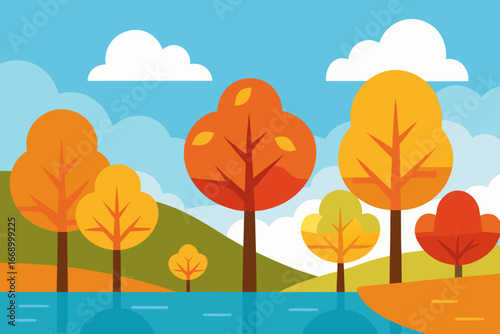 A serene cartoon scene of autumn trees next to a lake vector illustration