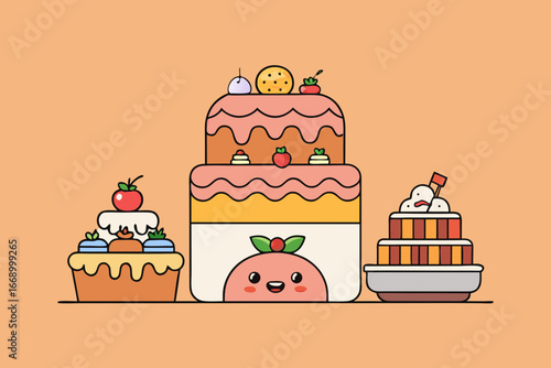 The inside of a cartoon bakery with many cakes vector illustration