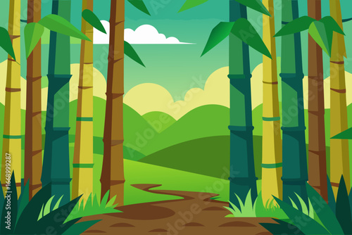 A clearing in a cartoon bamboo forest vector illustration