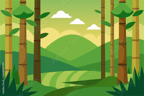A peaceful clearing within a cartoon bamboo forest vector illustration