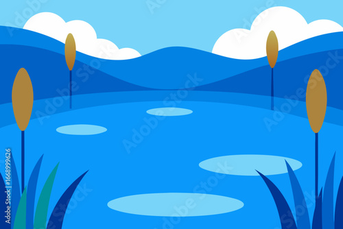 A serene cartoon blue lake with reeds vector illustration