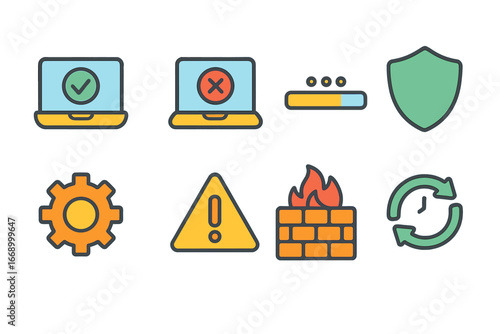 Colorful System Icons. Flat vector mini-illustrations system status in colors children's illustrations: computer with checkmark,