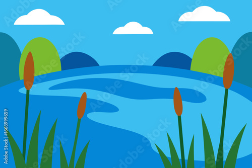 A beautiful cartoon blue lake surrounded by reeds vector illustration