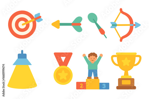 Colorful Target Icons. Flat vector mini-illustrations target hit in colors children's illustrations: bullseye, arrow, dart, bow,