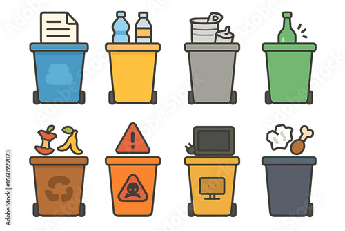 Colorful Waste Sorting Icons. Flat vector mini-illustrations trash sorting in colors children's illustrations: paper bin, plastic