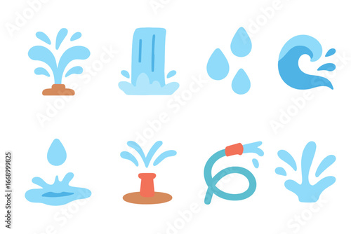 Colorful Water Splashes. Flat vector mini-illustrations water burst in colors children's illustrations: fountain spray, waterfall