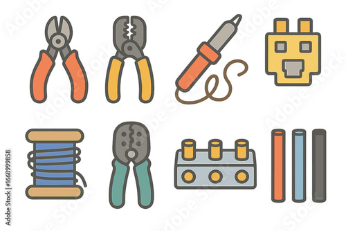 Colorful Wire Tools. Flat vector mini-illustrations wire tools and accessories in colors children's illustrations: wire cutter,