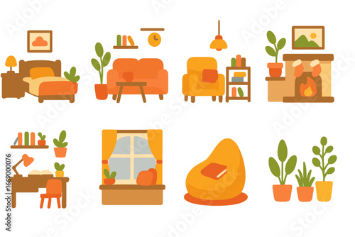 Cozy Room Icons. Flat vector mini-illustrations cozy rooms in colors children's illustrations: bedroom, living room, reading nook,