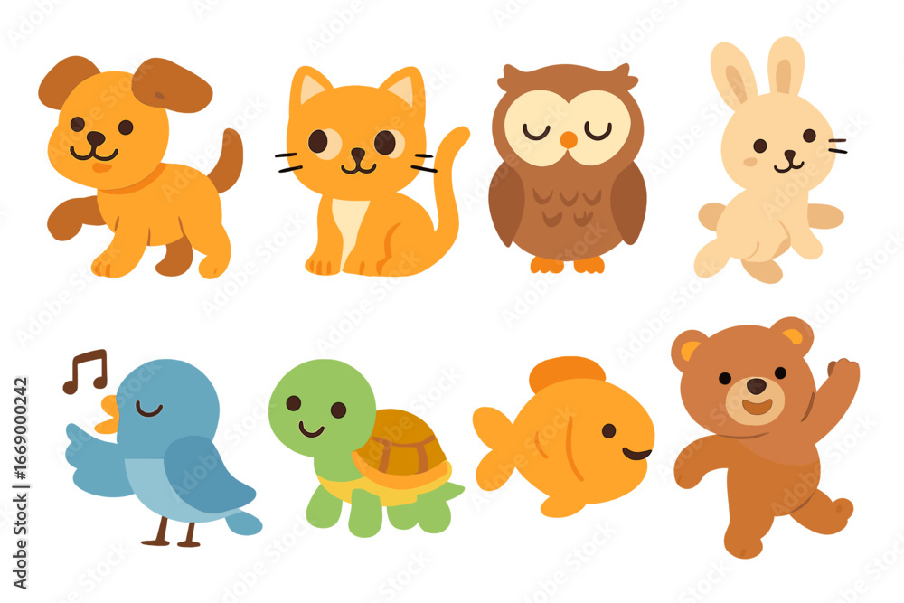 Cute Animal Icons. Flat vector mini-illustrations animal characters in colors children's illustrations: playful puppy, curious Cute Animal Icons. Flat vector mini-illustrations animal characters in colors children's illustrations: playful puppy, curious