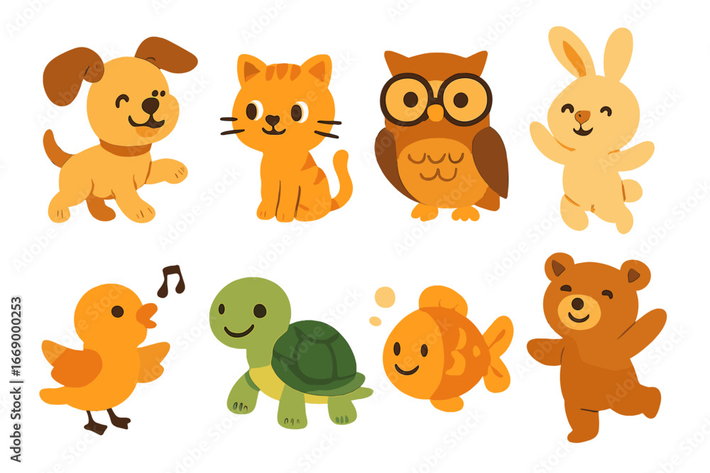 Fototapeta premium Cute Animal Icons. Flat vector mini-illustrations animal characters in colors children's illustrations: playful puppy, curious