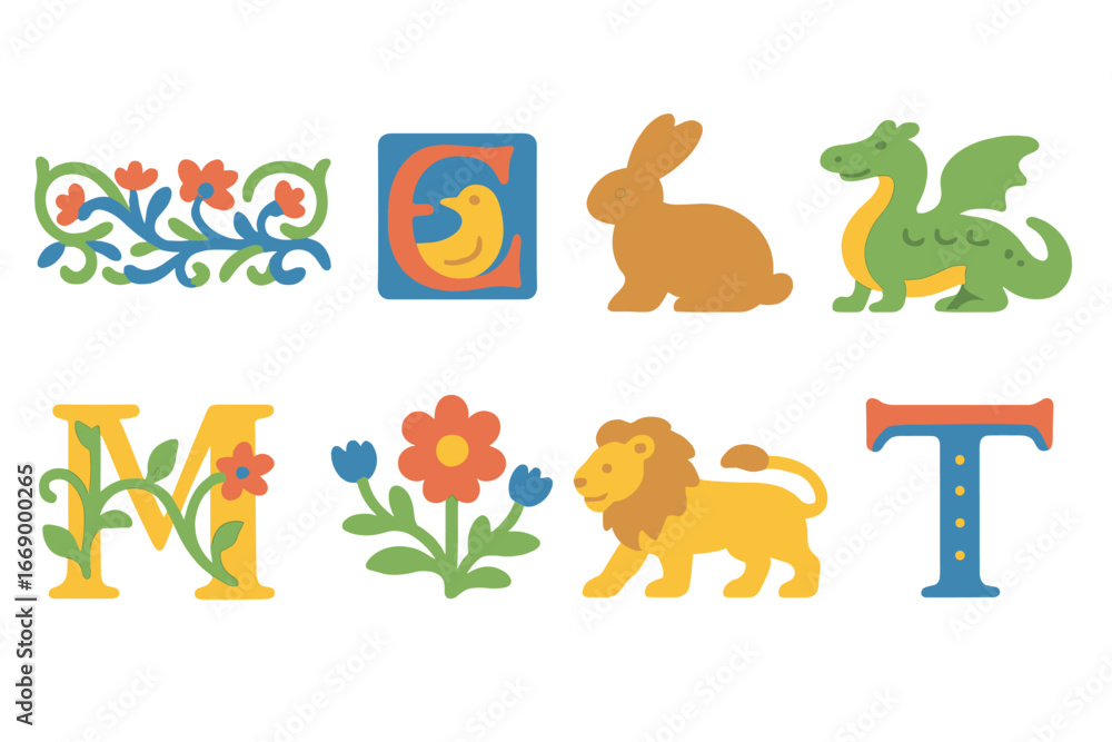 Fototapeta premium Decorative Kids Illustrations. Flat vector mini-illustrations manuscript illustrations in colors children's illustrations:
