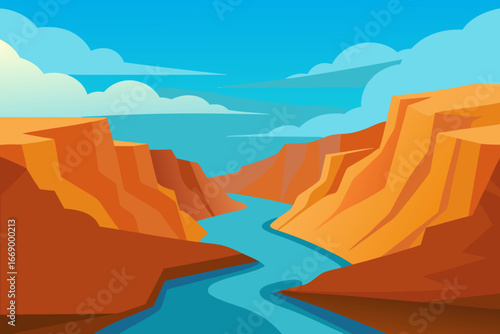 A beautiful landscape of cartoon canyon cliffs with a river vector illustration