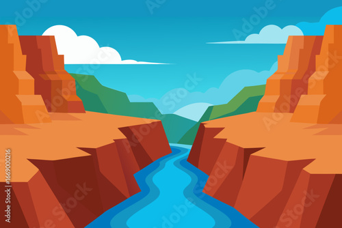 A majestic cartoon of canyon cliffs and a flowing river vector illustration