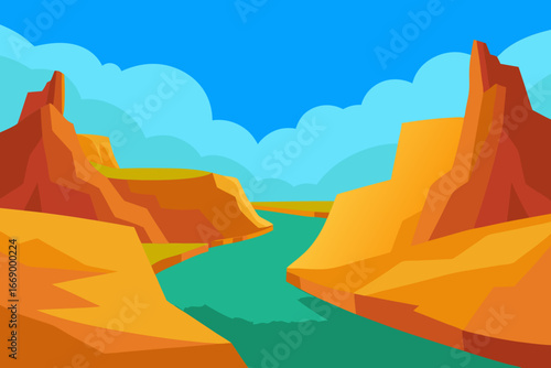 A scenic cartoon canyon with a river background vector illustration