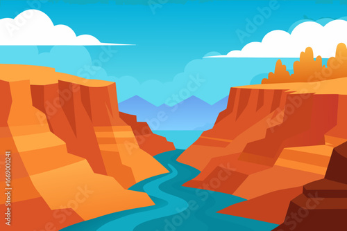 A beautiful cartoon background of a river in a canyon vector illustration