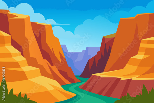 A vast cartoon valley with impressive canyon cliffs vector illustration