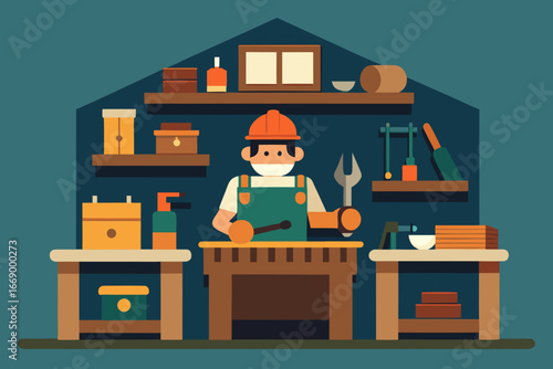 The interior of a cartoon carpenter workshop vector illustration