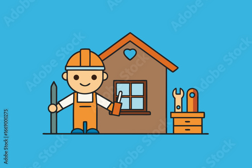 A busy cartoon carpenter workshop scene vector illustration