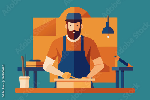 A detailed cartoon carpenter workshop vector illustration
