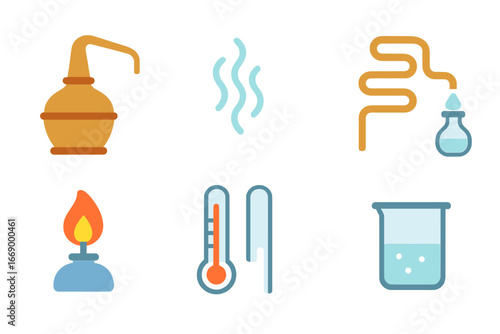 Simple Distillation Icons. Flat vector mini-illustrations simple distillation in colors children's illustrations: pot still, vapor