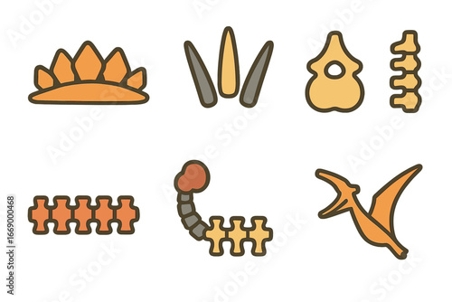 Dinosaur Spine Icons. Flat vector mini-illustrations dinosaur spines in colors children's illustrations: stegosaurus plates, tail