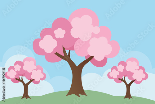 A scene of cartoon cherry blossom trees vector illustration