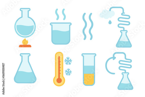 Distillation Process Icons. Flat vector mini-illustrations distillation steps in colors children's illustrations: heating,
