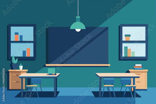 A cartoon classroom with a chalkboard vector illustration