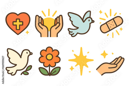 Divine Miracles Icons. Flat vector mini-illustrations Healing miracles in colors children's illustrations: heart with cross, hands