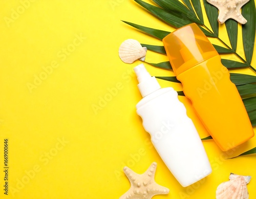 Sunscreen bottles, palm leaf, shells
