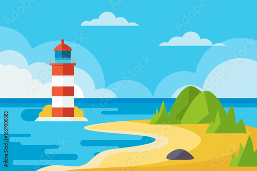 A scenic cartoon coastal beach scene with a lighthouse vector illustration