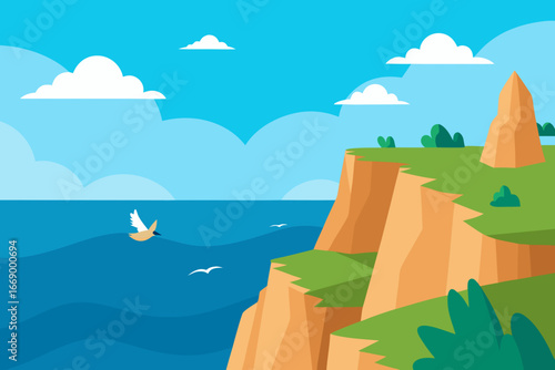 A charming cartoon of coastal cliffs with flying seagulls vector illustration