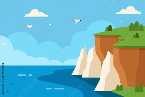 A serene cartoon illustration of coastal cliffs with seagulls vector illustration