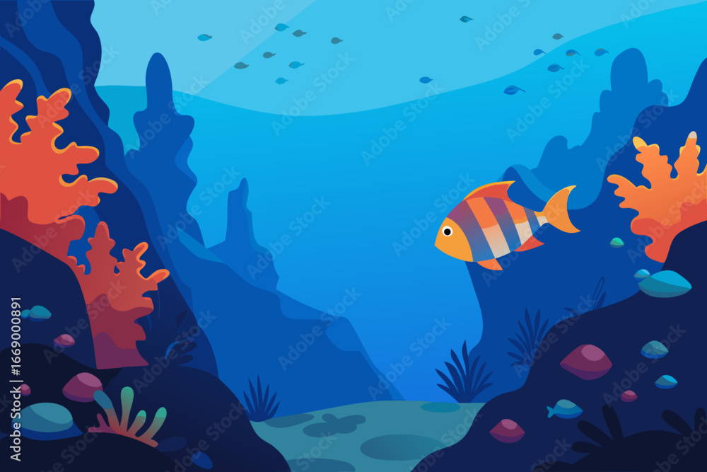Fototapeta premium A beautiful underwater cartoon background of a coral reef with fish vector illustration