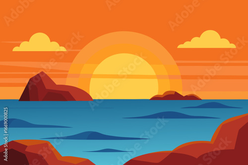 A simple cartoon illustration of a coastal sunset with rocks vector illustration