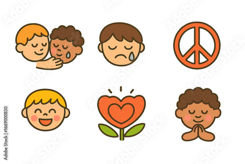 Emotive Kids' Icons. Flat vector mini-illustrations confession emotions in colors children's illustrations: forgiveness smile,