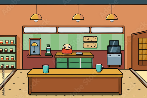 A cozy cartoon coffee shop interior scene vector illustration