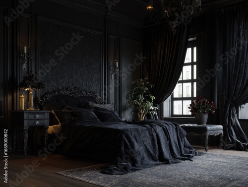 A rich, dark bedroom with ornate furniture, opulent drapes, and a touch of gothic elegance.  The room's deep tones create a mysterious ambiance.