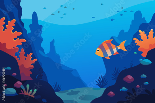 A beautiful underwater cartoon background of a coral reef with fish vector illustration