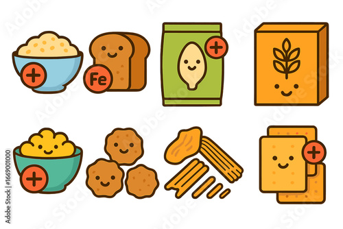 Enriched Grains Icons. Flat vector mini-illustrations enriched grains and cereals in colors children's illustrations: fortified