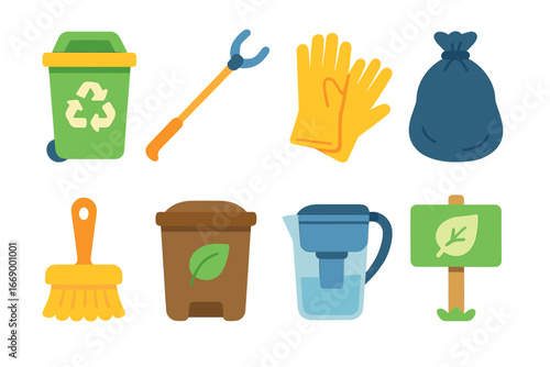 Environmental Cleanup Icons. Flat vector mini-illustrations environmental cleanup in colors children's illustrations: recycling