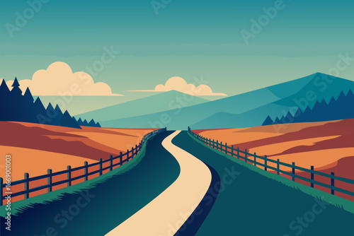 A peaceful cartoon background of a countryside road with fences vector illustration